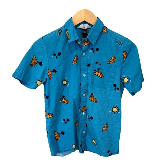Volcom Boy's Blue Pizza & Sunshine Button-Up Shirt Size Medium 10 Collared - Picture 1 of 8